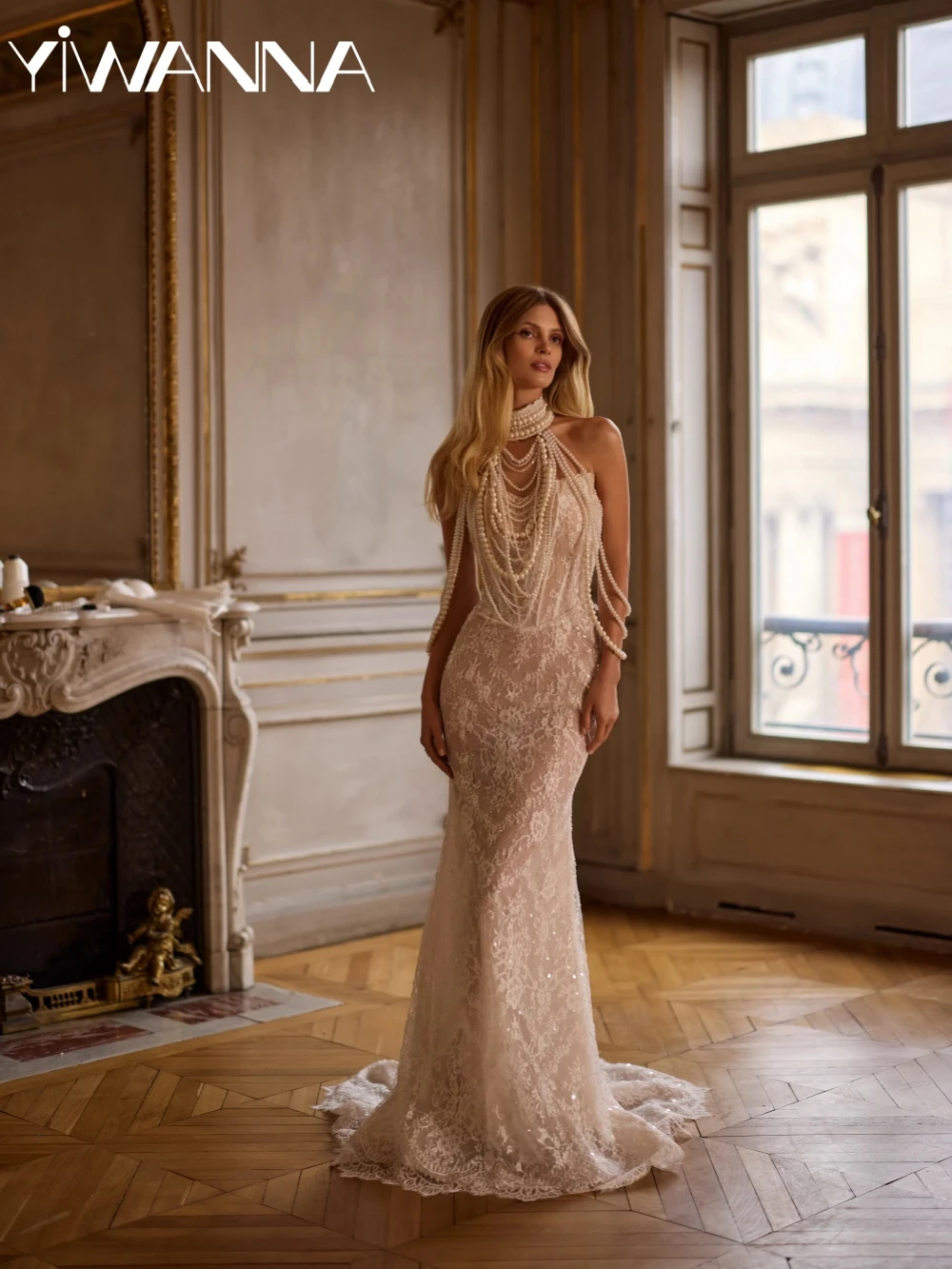 

Sparkling Pearls Beaded Lace Long Wedding Dress Dreamy Illusion Mermaid Bridal Gown Customized Graceful Dresses For Bride