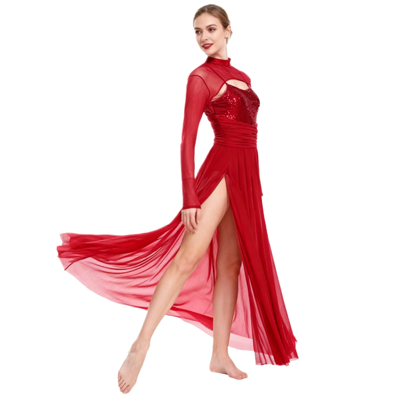 Womens Ballet Lyrical Dance Costumes Sequin Mesh Tulle Flowy Maxi Long Dress Built-In Briefs Morden Contemporary Dancewear - view 3
