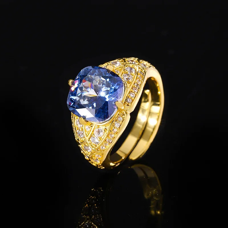 S925 Silver Plated 18K Gold Plated PT950 Platinum Bird's Nest Cut Colorful Treasure Fat Square Retro Gold Ring 10*10