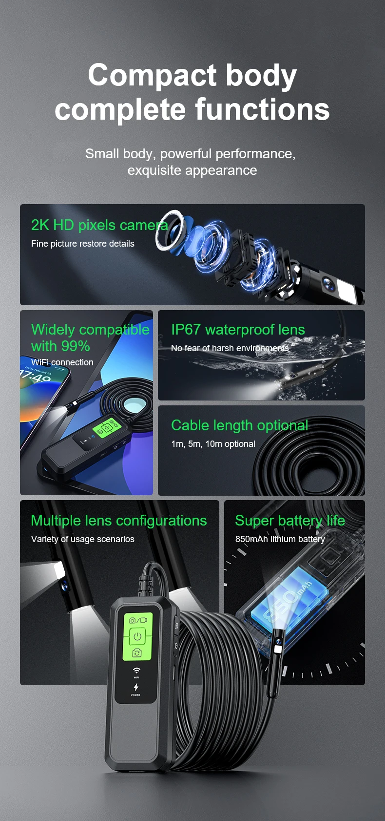 2K HD Industrial Endoscope Single Dual WiFi Borescope Inspection Camera IP67 Waterproof Pipeline Borescope For iPhone Android