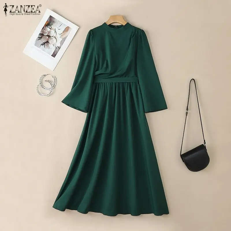 

Элегантное женское платье ZANZEA 2026 с воротником-стойкой, длинными рукавами, плиссировкой, однотонное, с поясом, кафтан, мусульманское платье-хиджаб, абайя, для Рамадана