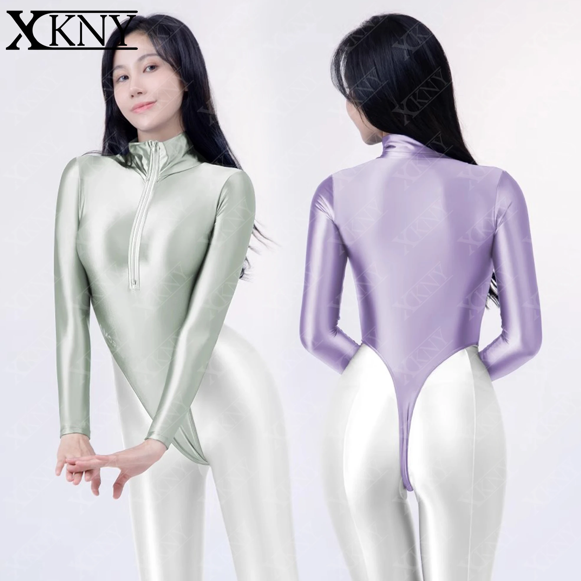 

XCKNY satin glossy swimsuit sexy solid color front zipper high fork long sleeved bodysuit amorsey