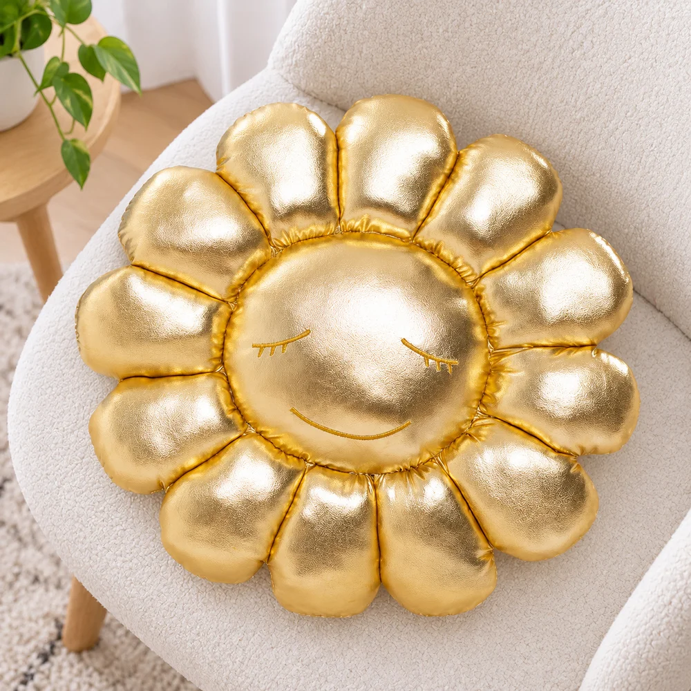 Gold Smiling Flower Cushion, Embroidered Closed Eye Face Throw Pillow, Soft Sofa Chair Bedroom Accent, Floral Home Textile Decor