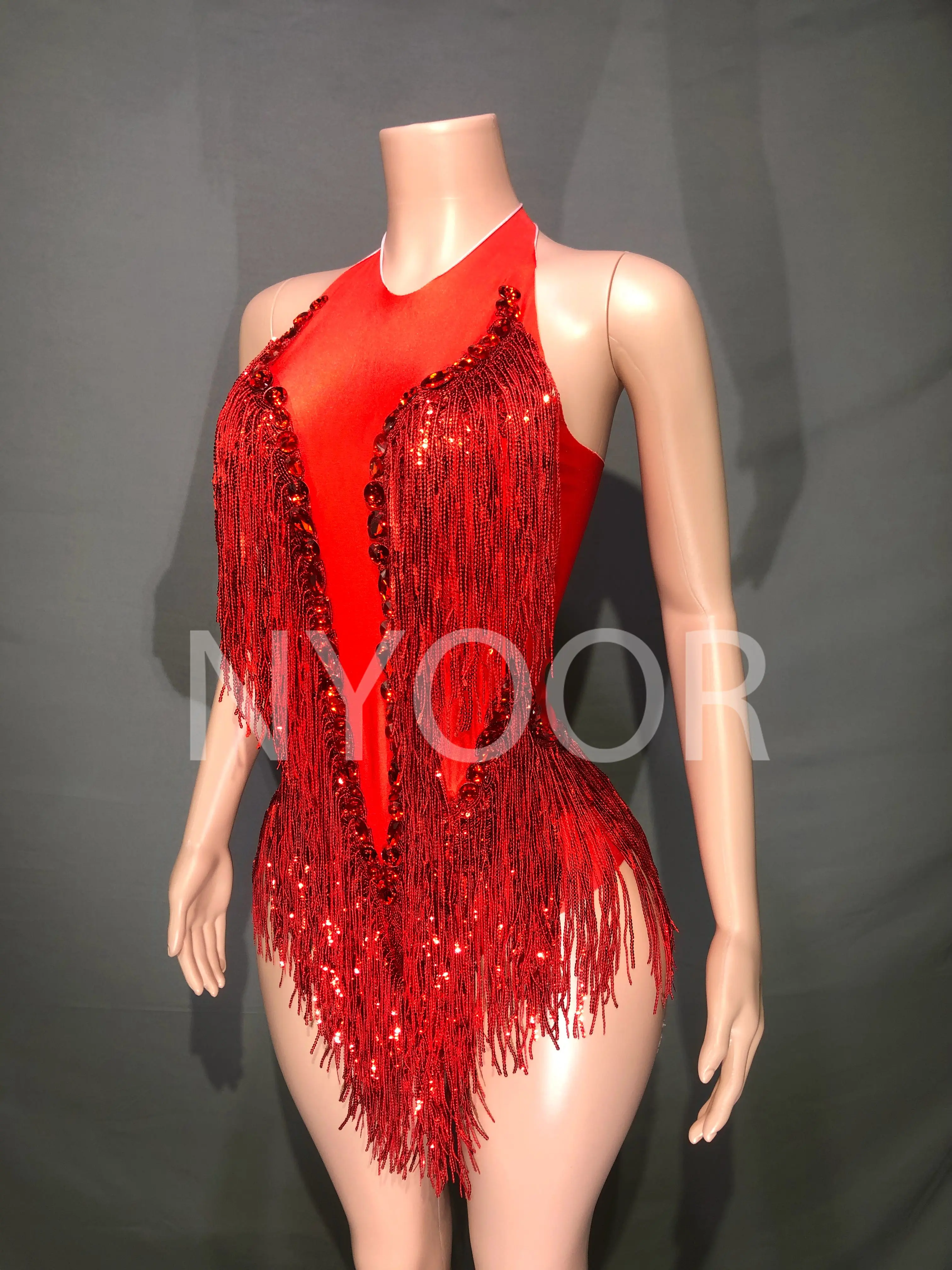 Sparkly Rhinestones Sequins Tassel Leotard Women Nightclub Outfit Singer Dancer Costume Stage Wear Sexy Performance Bodysuit