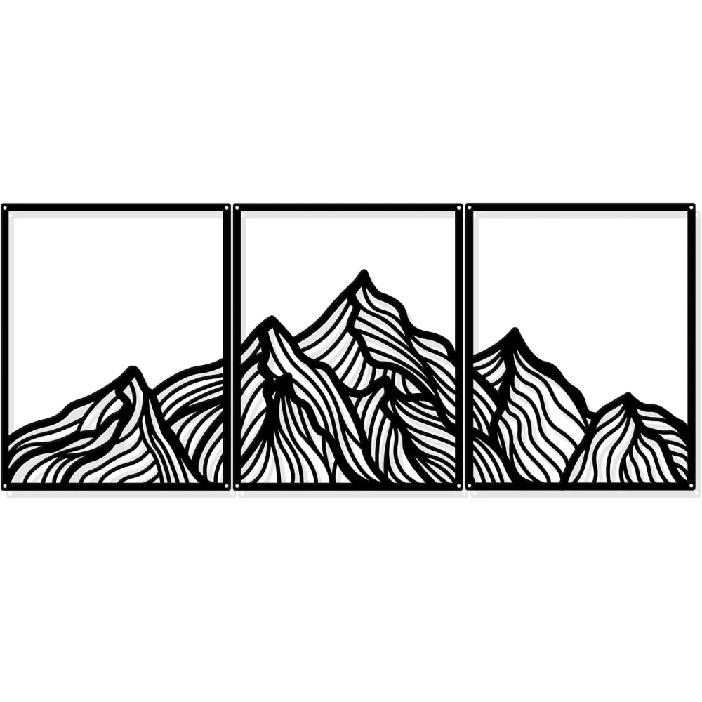 3 Pcs Mountains Metal Wall Decor, 9.8x7.8 Black Line Drawing Wall Art Abstract Minimalist Wall Decor Silhouette Art