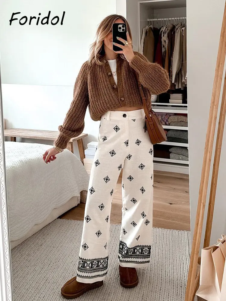 Foridol Geometric Embroidery Wide Leg Spring Summer Women Beige Long Pants Zip Fashion Trousers Pantalones De Mujer Autumn Pants