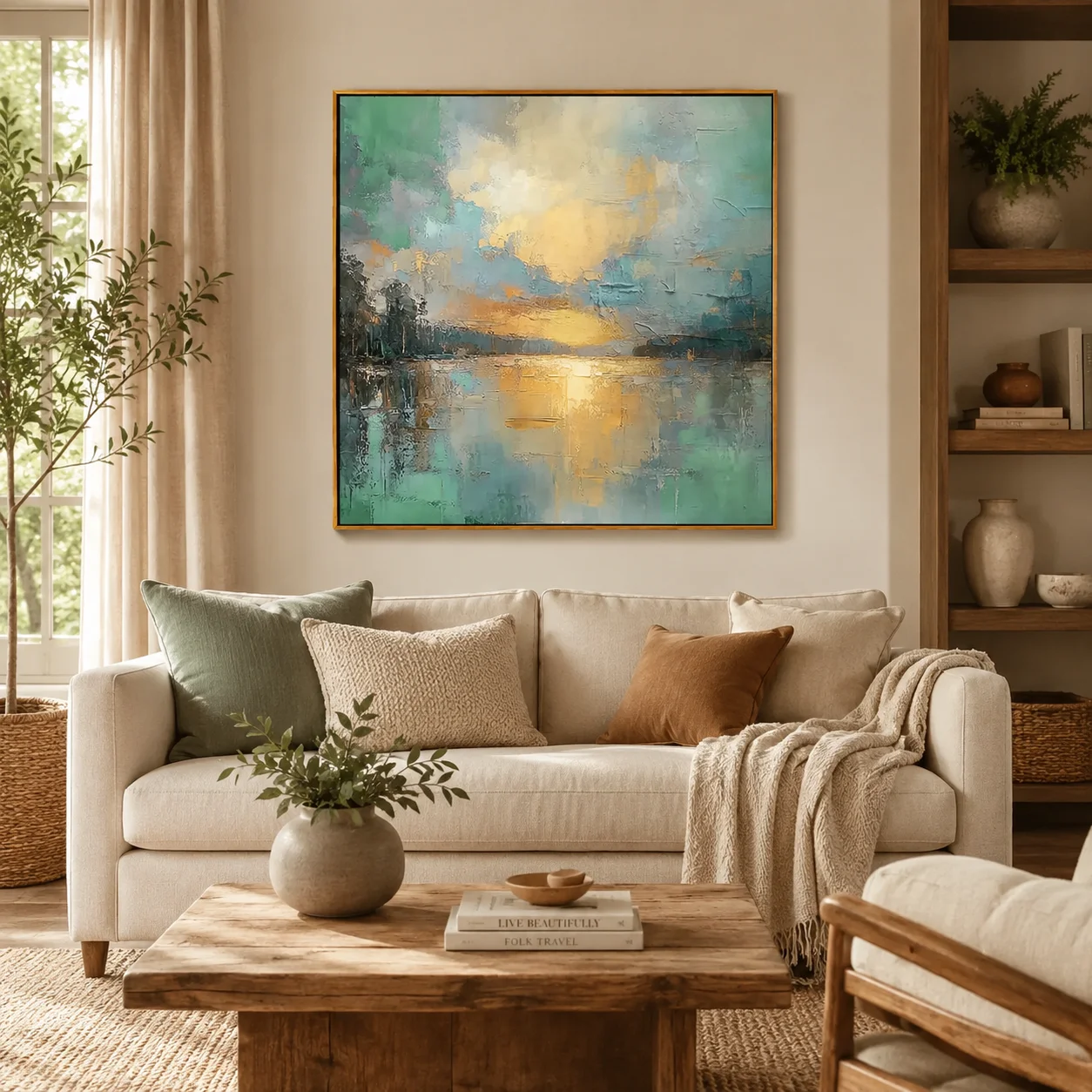 Golden Serenity – Modern Impressionist Landscape Painting | Creative Sunset Lake Hallway Art for Bedroom, Living Room, Office