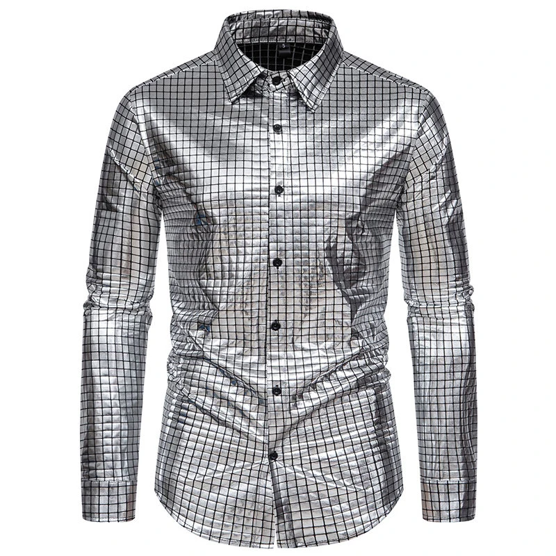 2024 New Men's Gold Plaid Shirt Men's Fashion Stagewear Banquet Long Sleeve Shirt Gold Silver Shirt Partywear