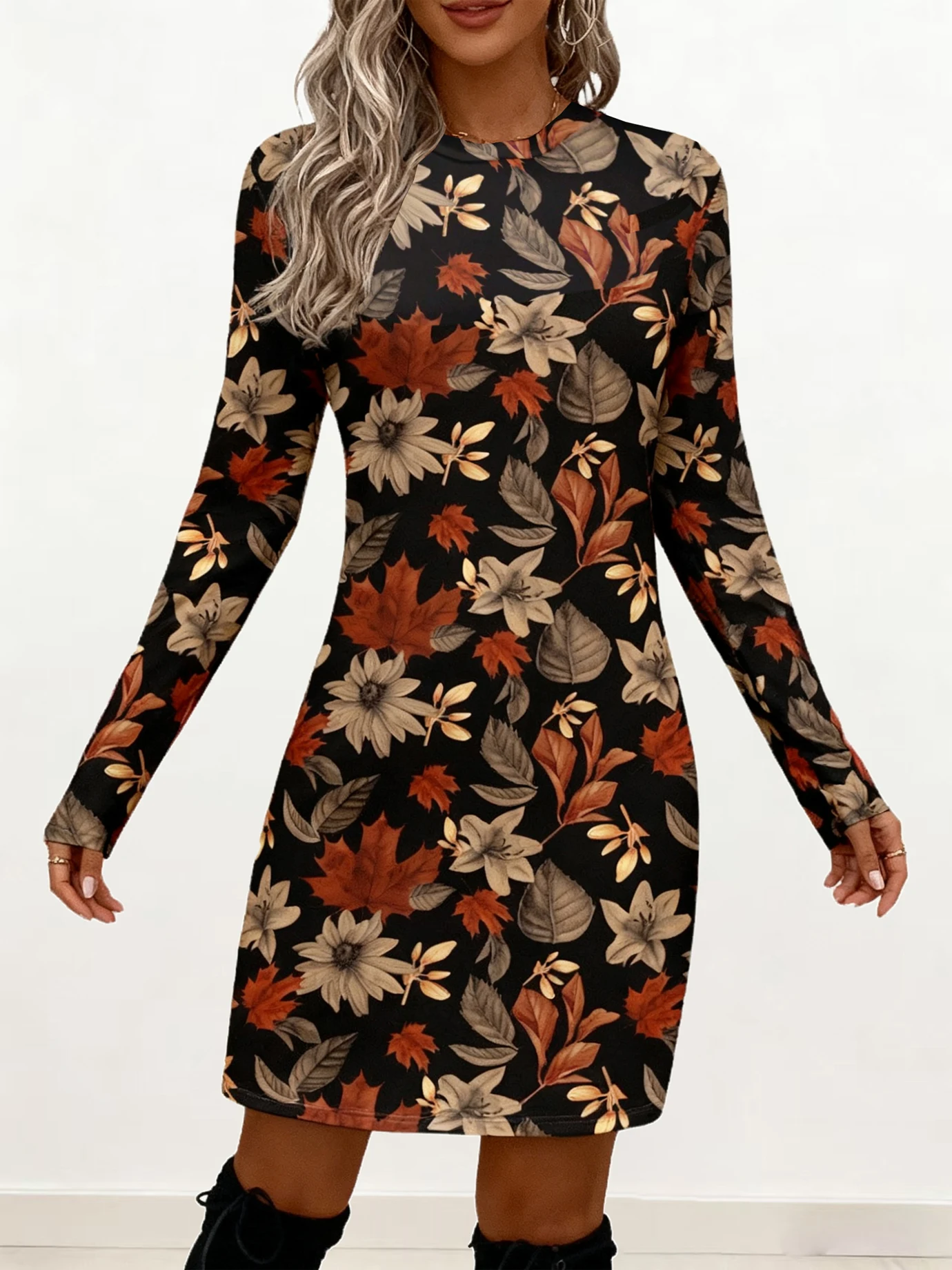 Women's Dress, Maple Leaf Print, Round Neck, Long Sleeve, Slim-fit Midi Elegant Dress