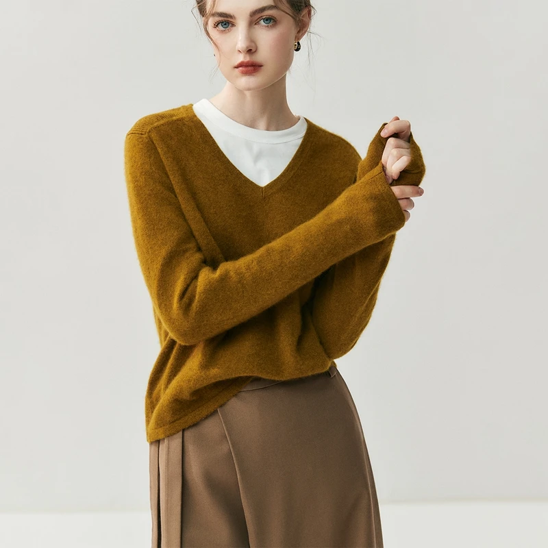 

New Cashmere Women's V-neck Pullover Shoulder Strip Design Casual Knitted Long Sleeve Women's Sweater Autumn Winter Cashmere Top