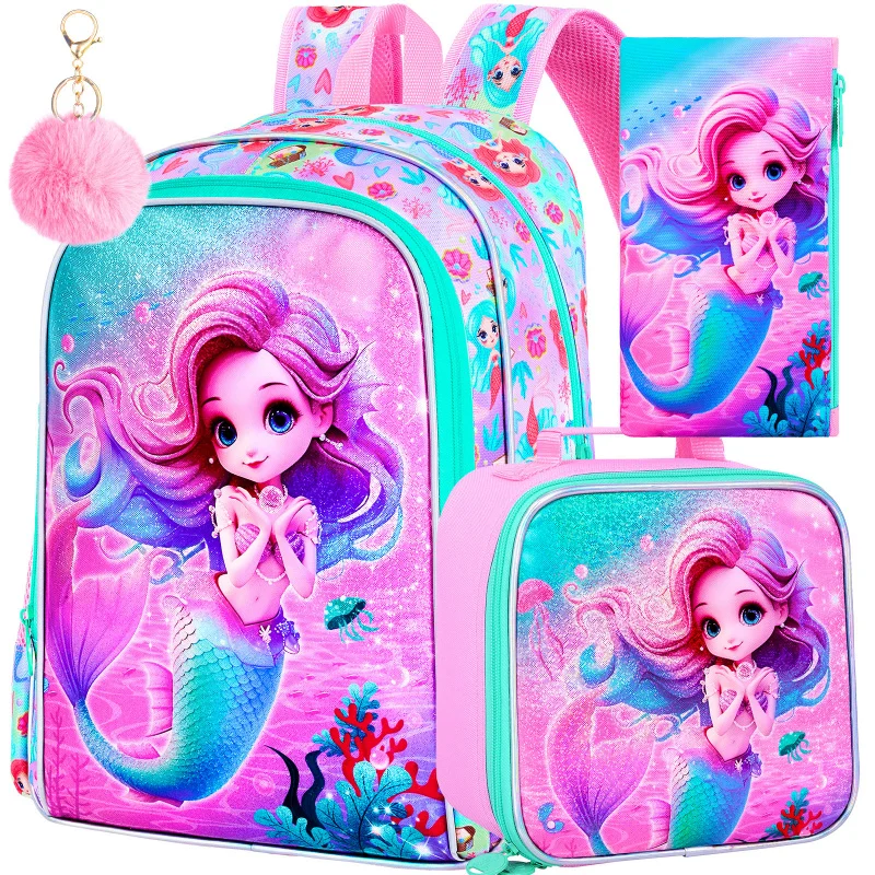

3PCS Mermaid Backpack, Water Resistant Kids Bookbag with Lunch Box for Girls, 16" Preschool Backpacks for Elementary - Mermaid