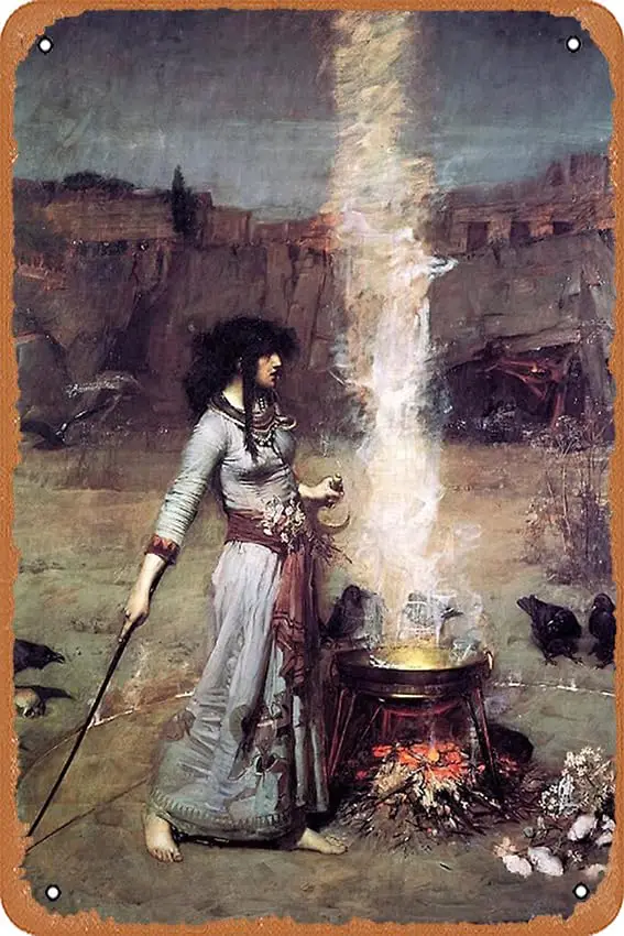 Wall Decor Sign - The Magic Circle. Witchcraft. John William Waterhouse. Poster - 8X12 Inch Vintage Look Metal Sign,Bar, Man CAV