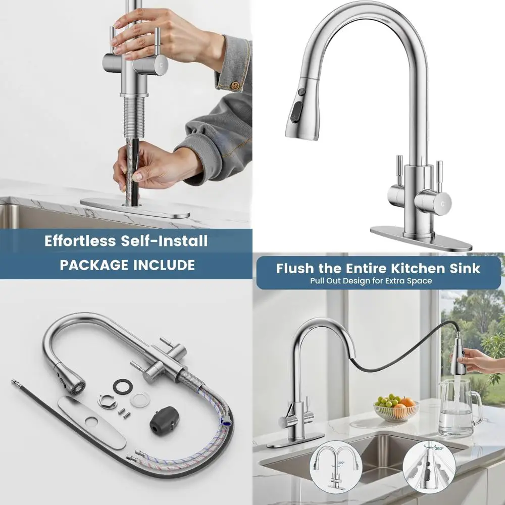 

Dual-Handle High Arc Pull-Down Spray Kitchen Faucet in Brushed Nickel, Ideal for Kitchens, RVs, and Bars