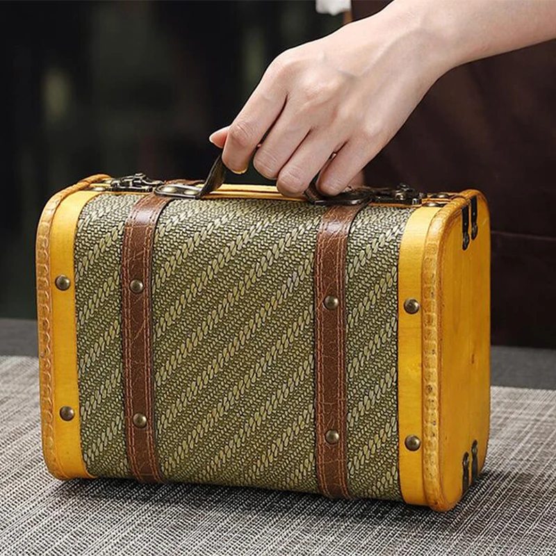 

New Vintage Portable Wooden Suitcase Treasure Chest Multi-Purpose Storage Box Decorative Display Case Photography Prop Handbag