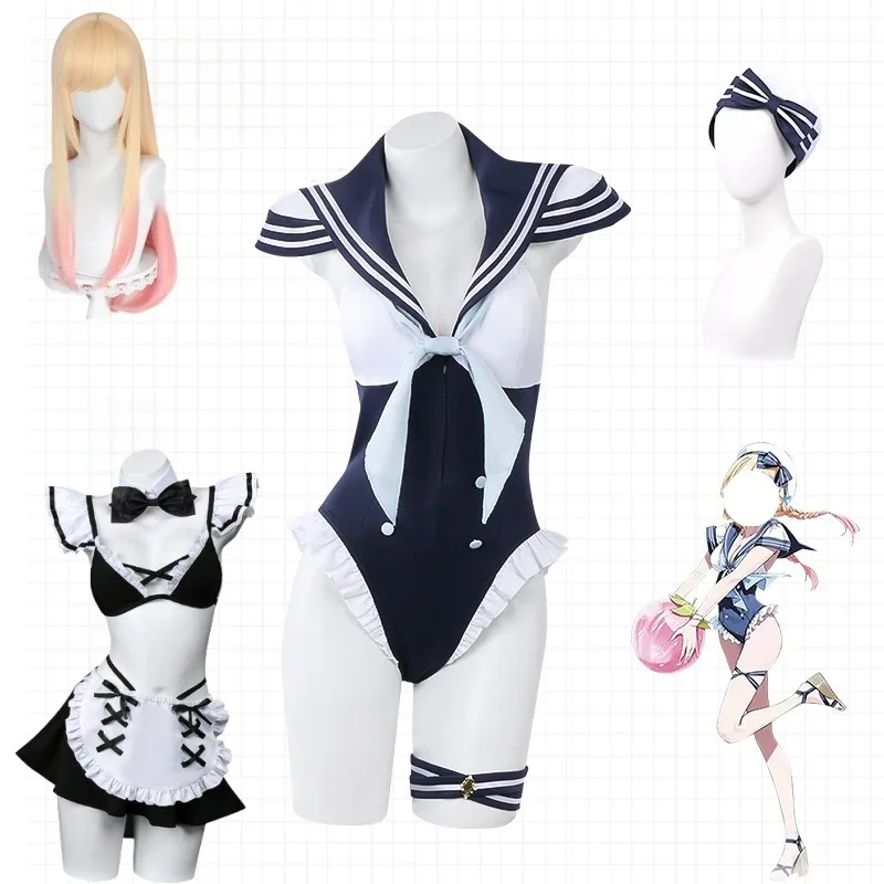 

Anime Kitagawa Marin Cosplay Costume Naval Style Sailor Swimsuit Maid Outfits Wig for Women Summer Swimwear Halloween Outfits