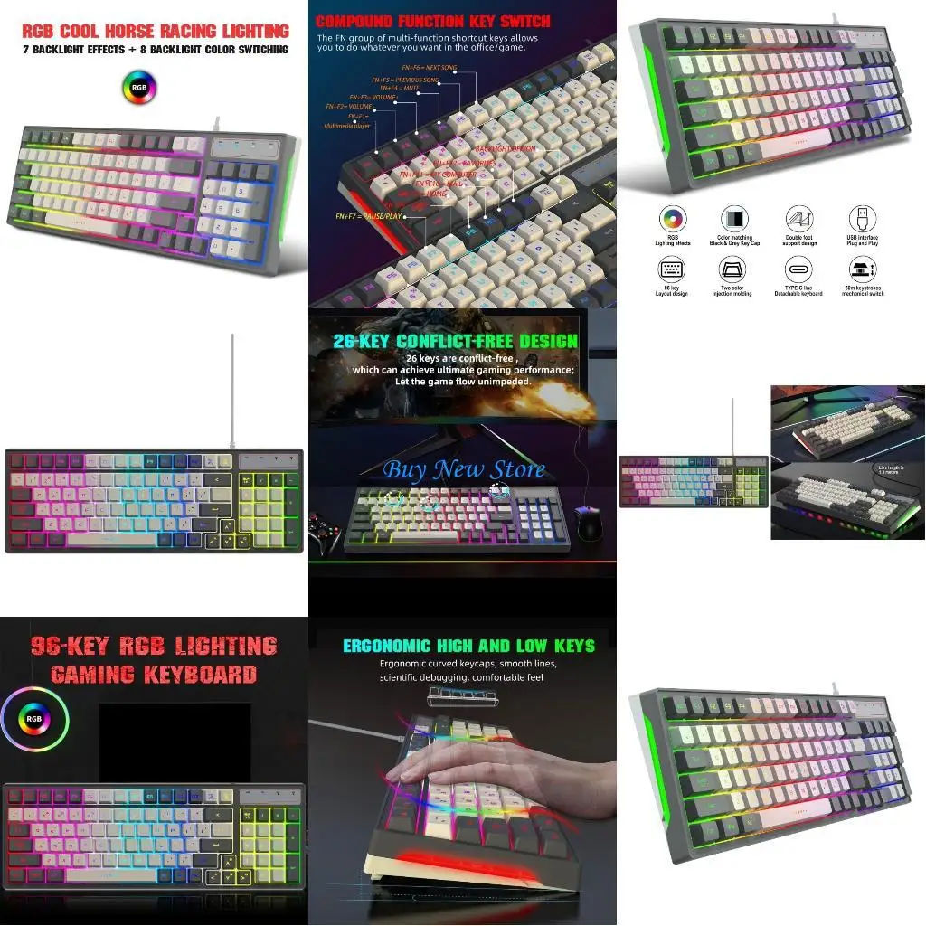 

20CE 96 Keys Membrane Gaming Keyboard Adjustable Backlit 26 Anti-Ghosting and Comfortable Typing Double Injection
