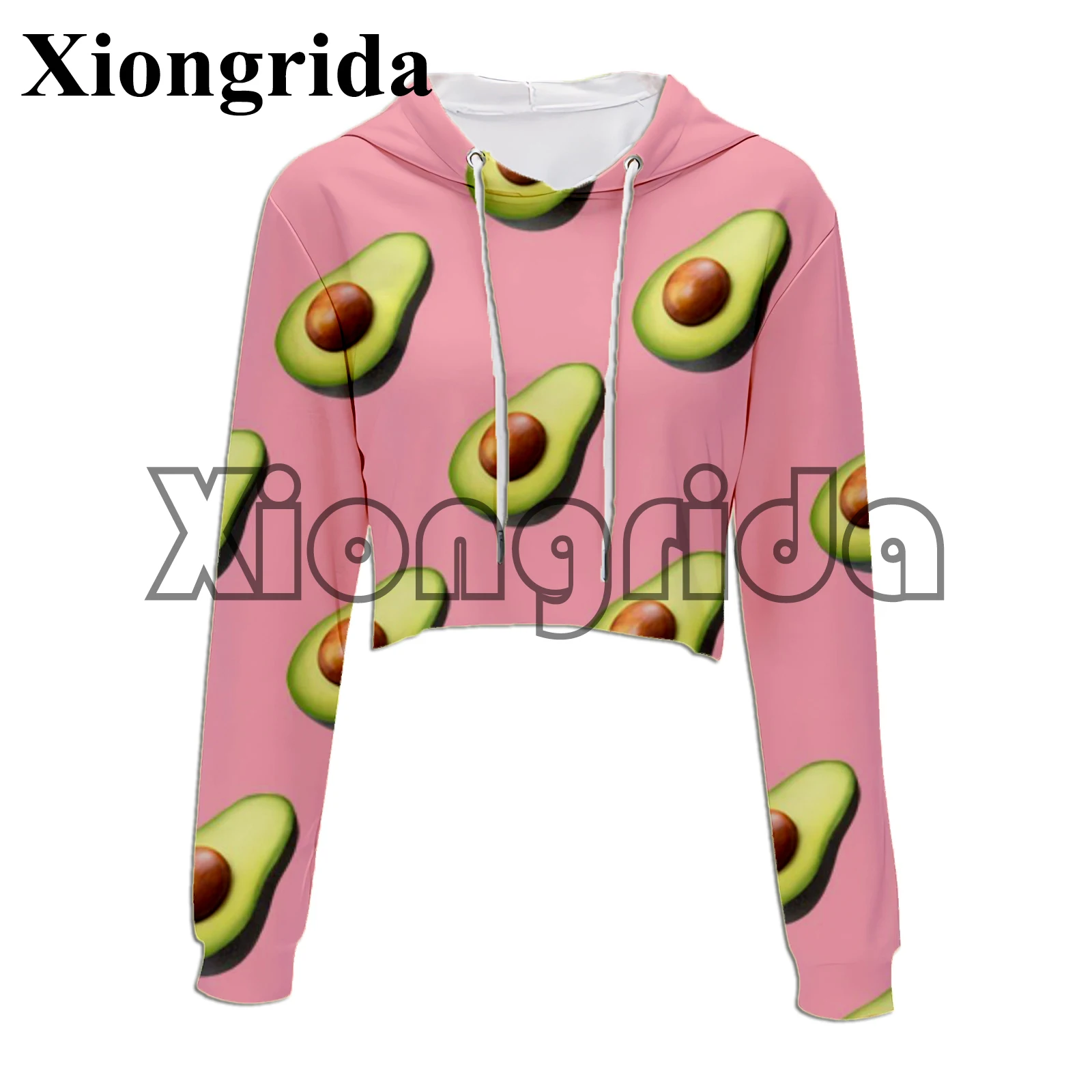 3D Funny Avocado Printed Crop Top Hoodie Women Casual Long Sleeve Hooded Short Sweatshirt Sexy Crop Sweaters Y2K Pullover Top