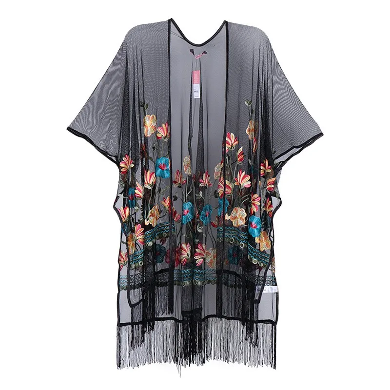 

Jiyun-Mesh fabric Shawl Kimono for Women, Embroidery Short Cardigan with Tassel, Beach Cover-up, Casual Cardigan