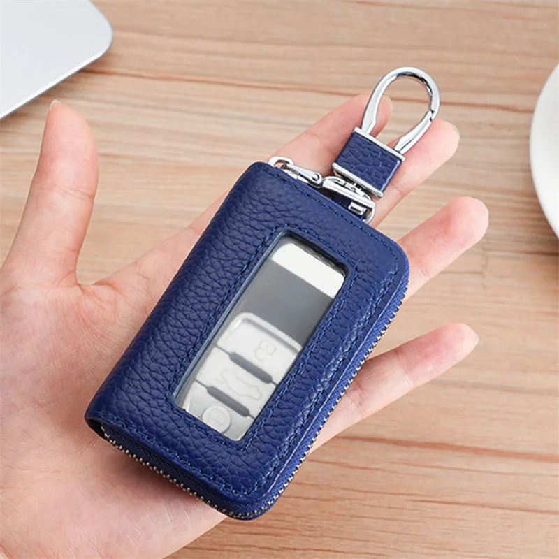 PU Leather Keychain Men Women Waterproof Lychee Patterned Car Key Bag Mirror Window Visible Car Remote Control Key Bag