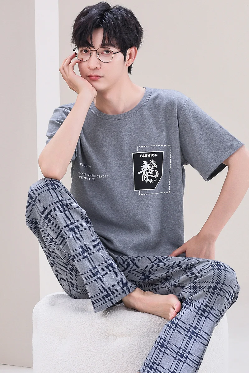 SUKAE Elegant Mens Pajamas Summer Knitted Cotton Leisure Sleepwear for Men O-neck Short Sleeved Long Pants Pijamas Set for Boy