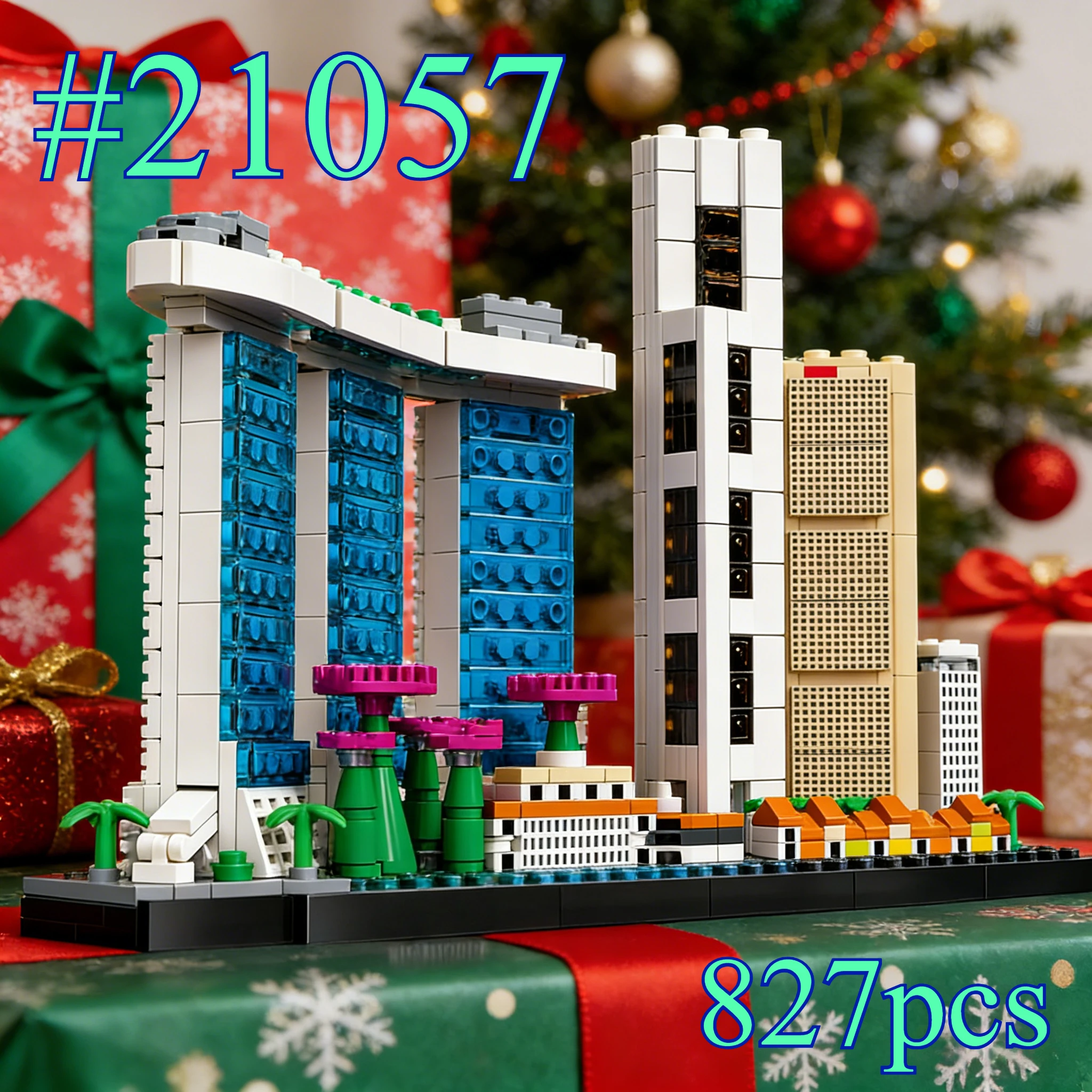 العمارة الحضرية في سنغافورة 21057 مجموعات مكعبات البناء مناسبة لهدايا عيد الميلاد المتوافقة مع جزيئات Legoed، 827 قطعة.
