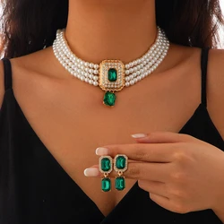 SHIXIN 2Pcs Luxury Multilayer Imitation Pearl Choker Necklace Earrings Bridal Green Rhinestone Neck Chain Wedding Jewelry Set