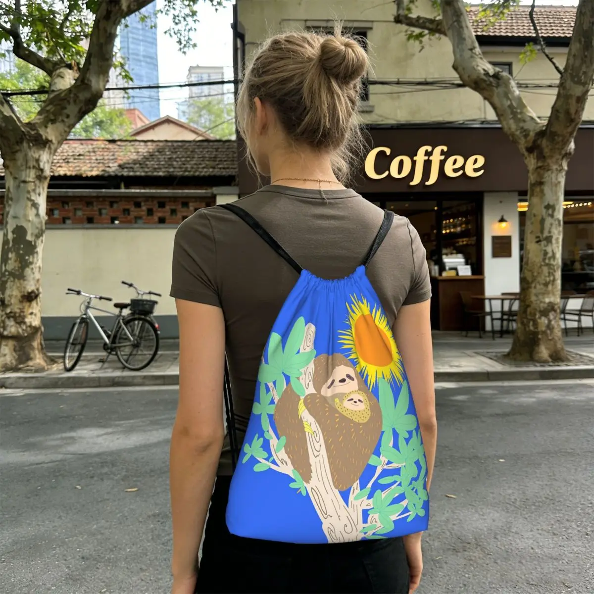 Sloth Mom With Baby Sloth On Branch Backpacks Multi-function Drawstring Bundle Pocket Sports Bag Book Bags for Travel School