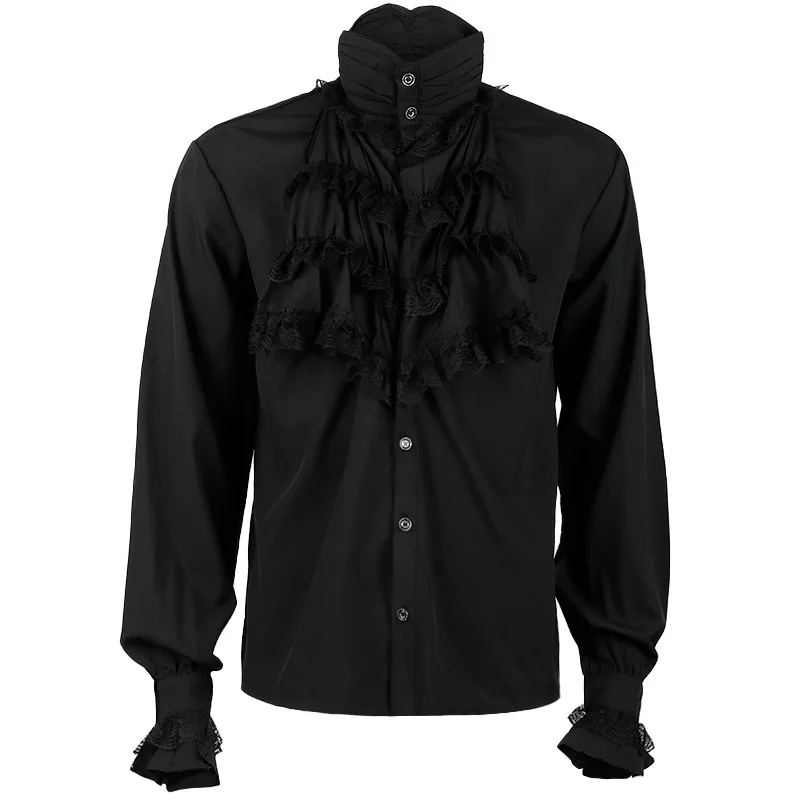 

European American Gothic Ruffled Stand Collar Long Sleeve Tie Shirt Pleated Cuff Blouse