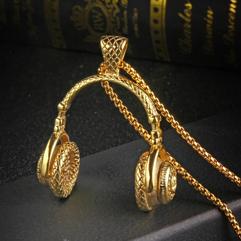 Stainless Steel Gold Silver Color Headphone Pendant Necklace Men Music Headset Birthday Gift Neck Jewelry Wholesaler