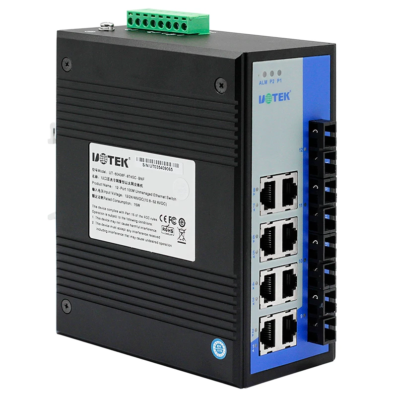 UOTEK 12 Ports 100M Unmanaged Ethernet DIN-rail Switch with IP40 Protection UT-60408F-8T4SC-BNF
