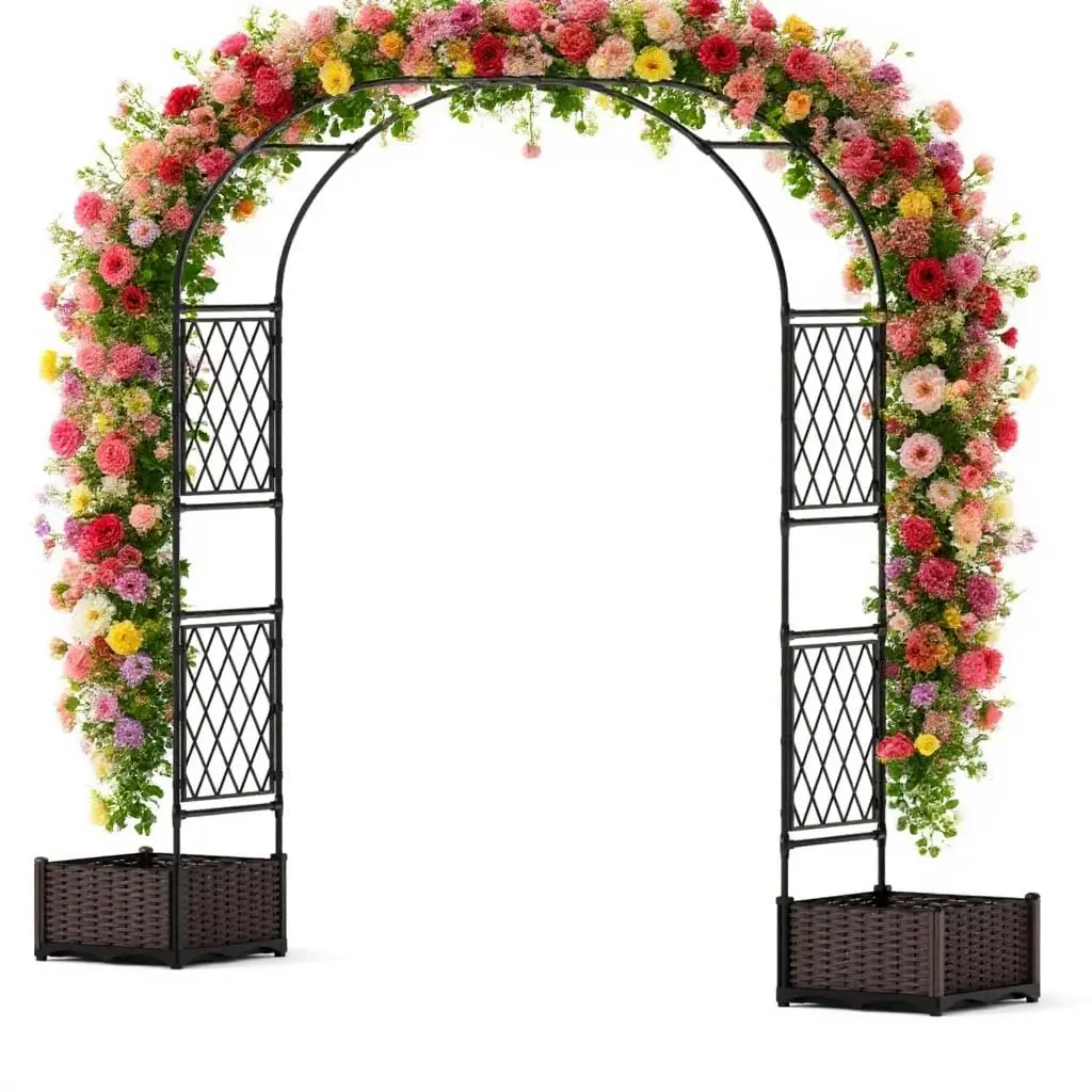 Arco da Giardino con 2 Fioriere, Arco Decorativo in Metallo Rivestito in PE per Piante Rampicanti, Struttura per Arco Nuziale, Arco Resistente alle Intemperie per Prato, Cortile e Giardino