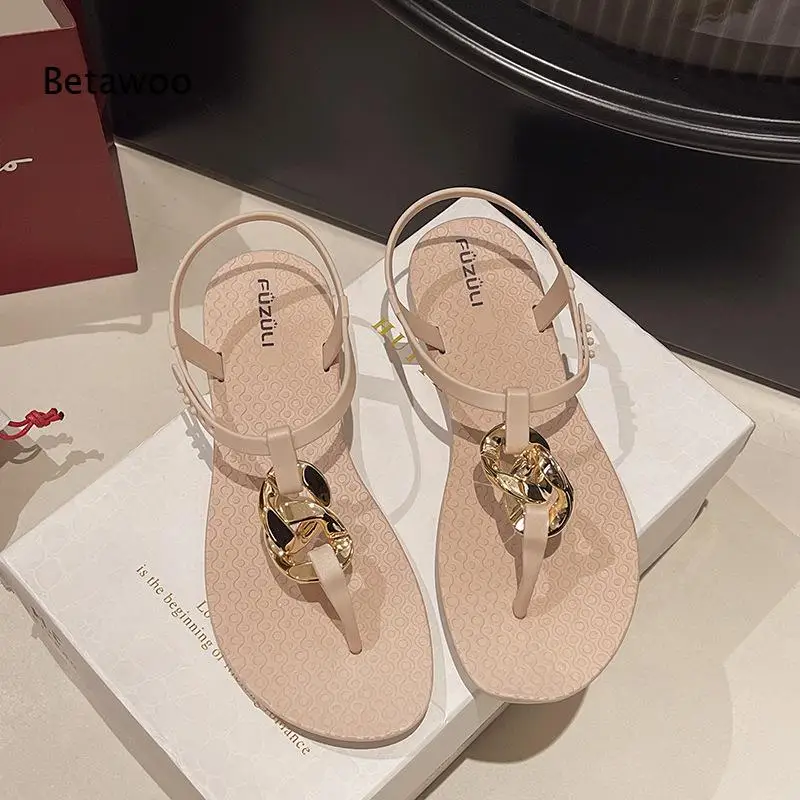 Ladies Minimalist Gold Chain Thong Sandals Stretch Spring Ankle Band Embossed Soft Sole Daily Lightweight Beach Slides