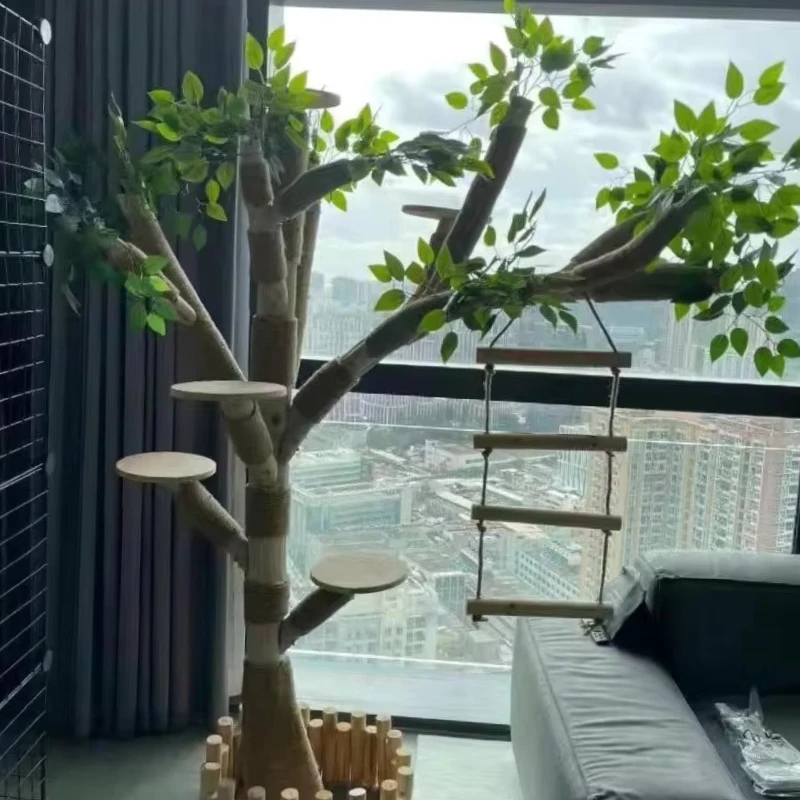 

Multi-Level Wooden Cat Tree with Swing Transparent Bowl Large Cat Climbing Tower for Play Rest and Scratching