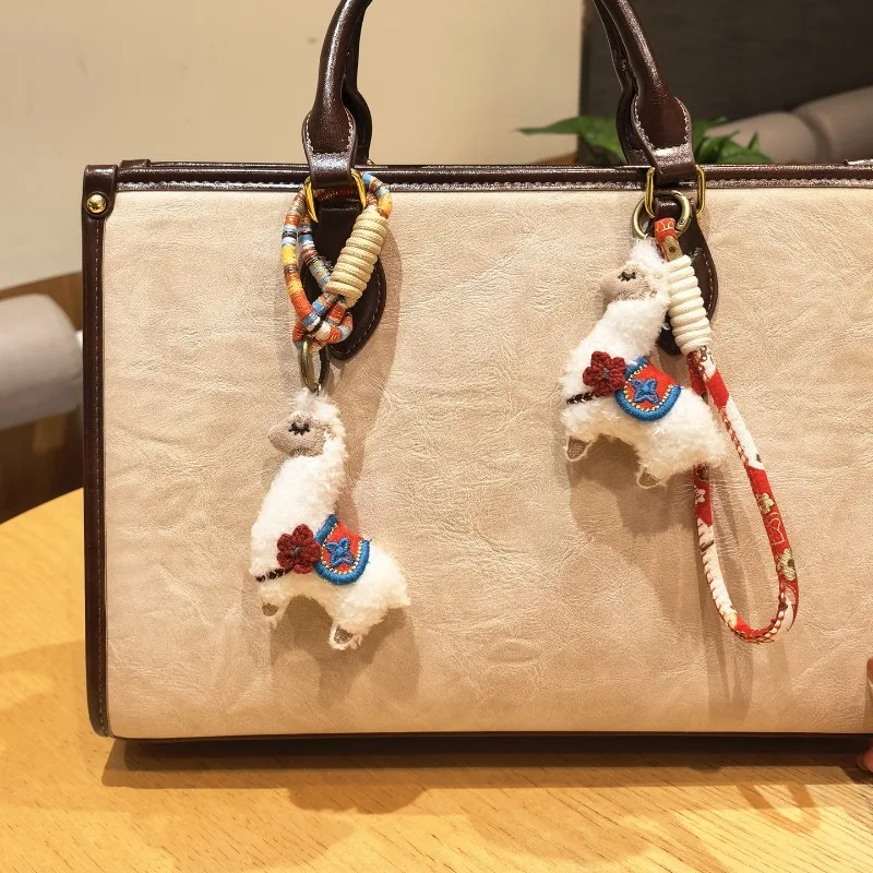 Cute Alpaca Plush Fabric Keychain Ethnic Woven Cord Bag Charm Handmade Folk Art Pendant for Keys Purse Premium Soft Lightweight