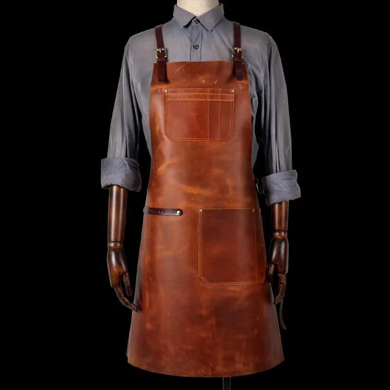 Europe Korea United States PU Leather High Vintage Custom Barbecue Kitchen Chef Baking Pocket Practical Brown Long Apron