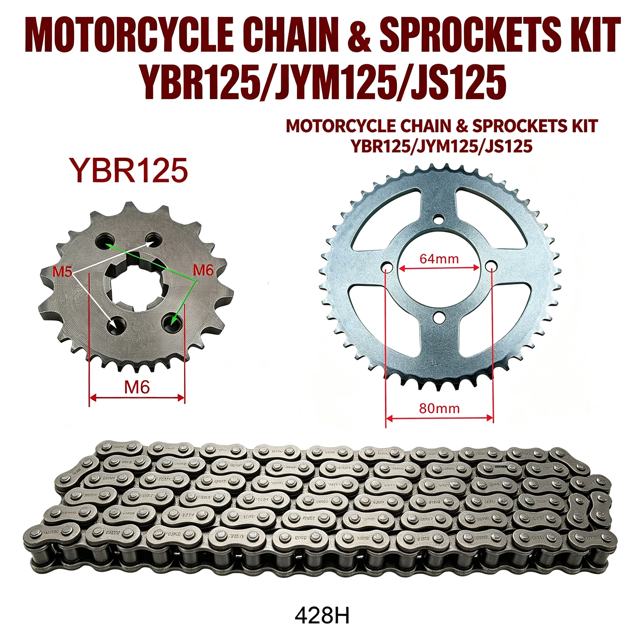 Motorcycle Chain & Sprockets Kit for Jianshe Yamaha For YBR125 JYM125 YB125 JS125 Transmission Kit