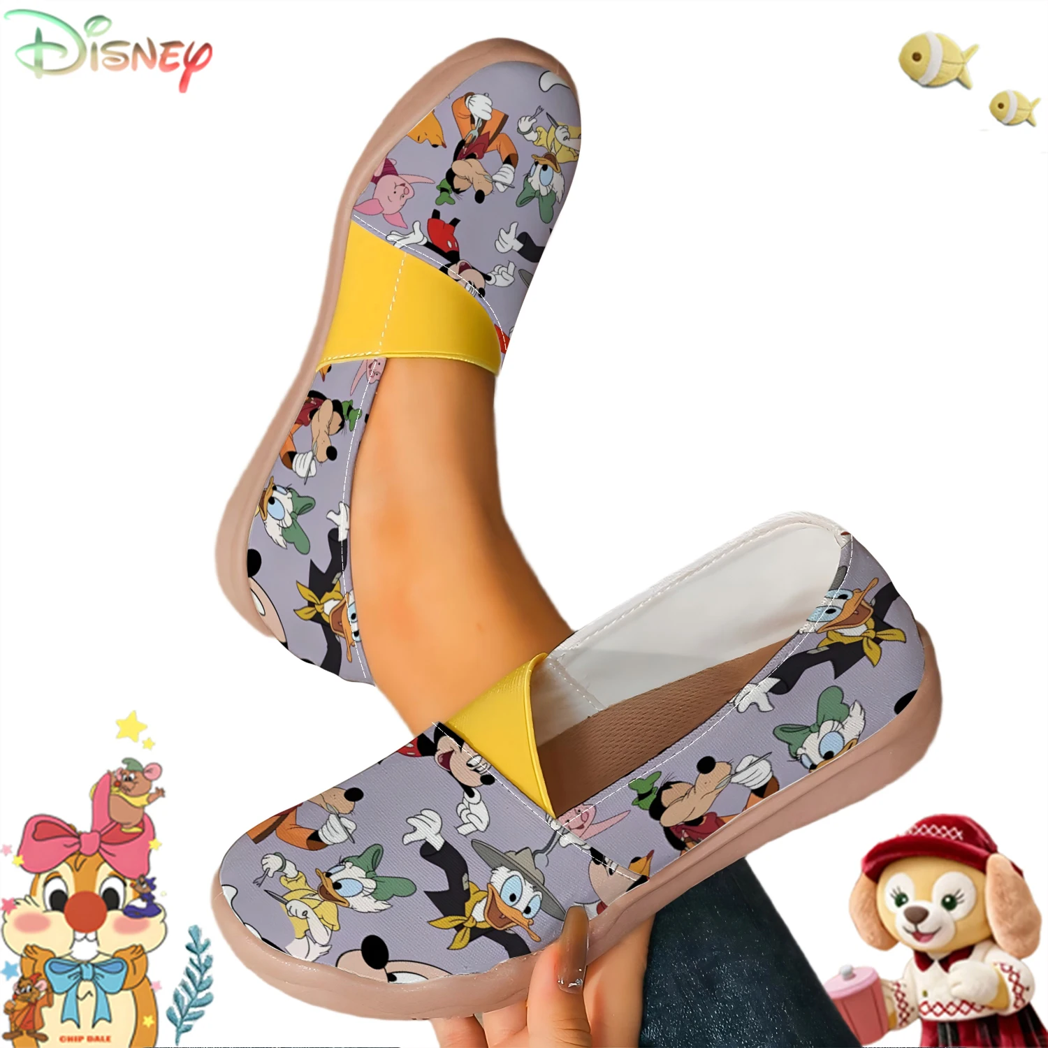 Entzückende Disney-Freizeitschuhe aus Segeltuch mit mehreren Charakteren bedruckt, bequeme Slip-On-Flats für den täglichen Gebrauch