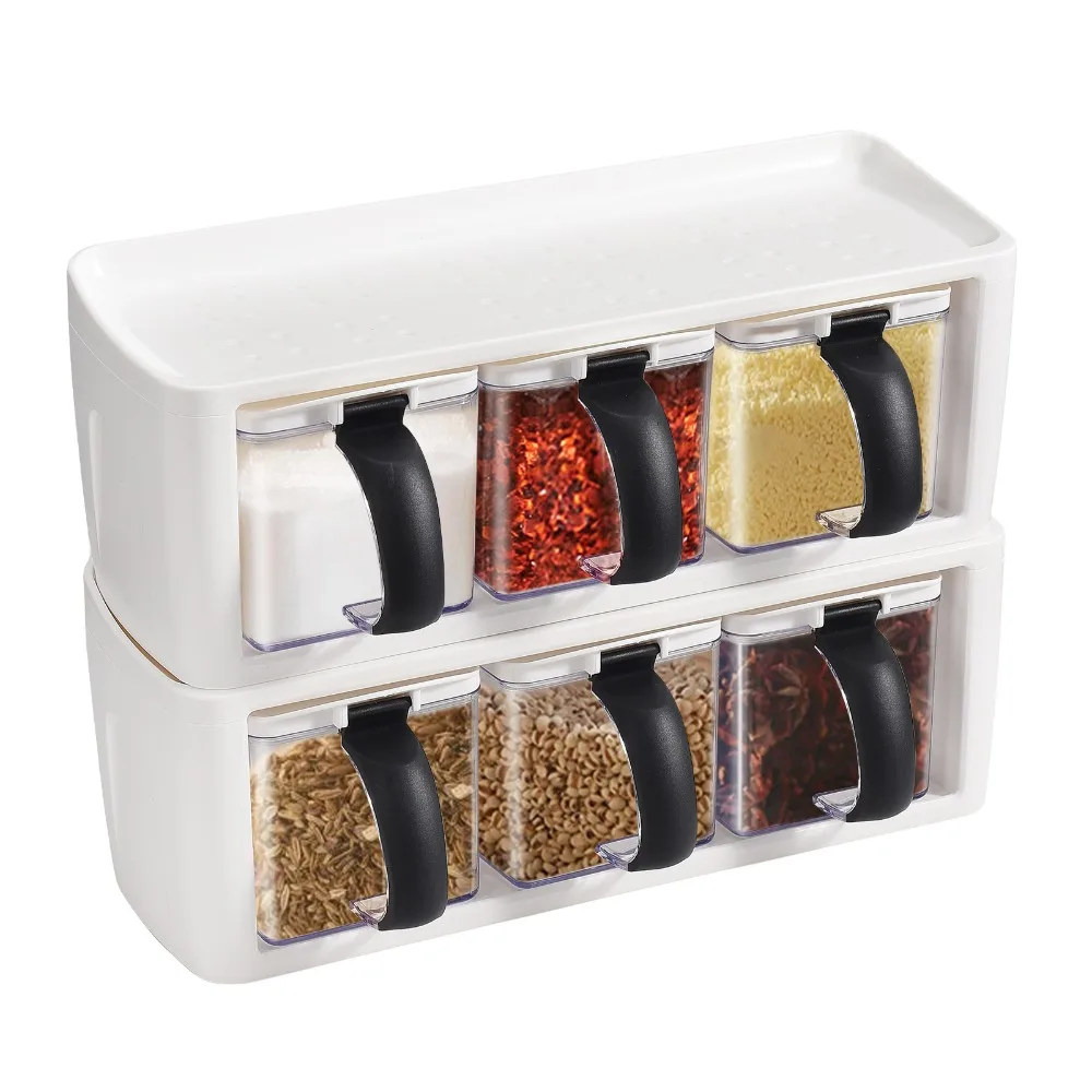 2pcs Durable PP+PS Seasoning Organizer Box 3 Grids With Lid And Spoon Condiment Storage Jars Spice Container Cans For Cafe