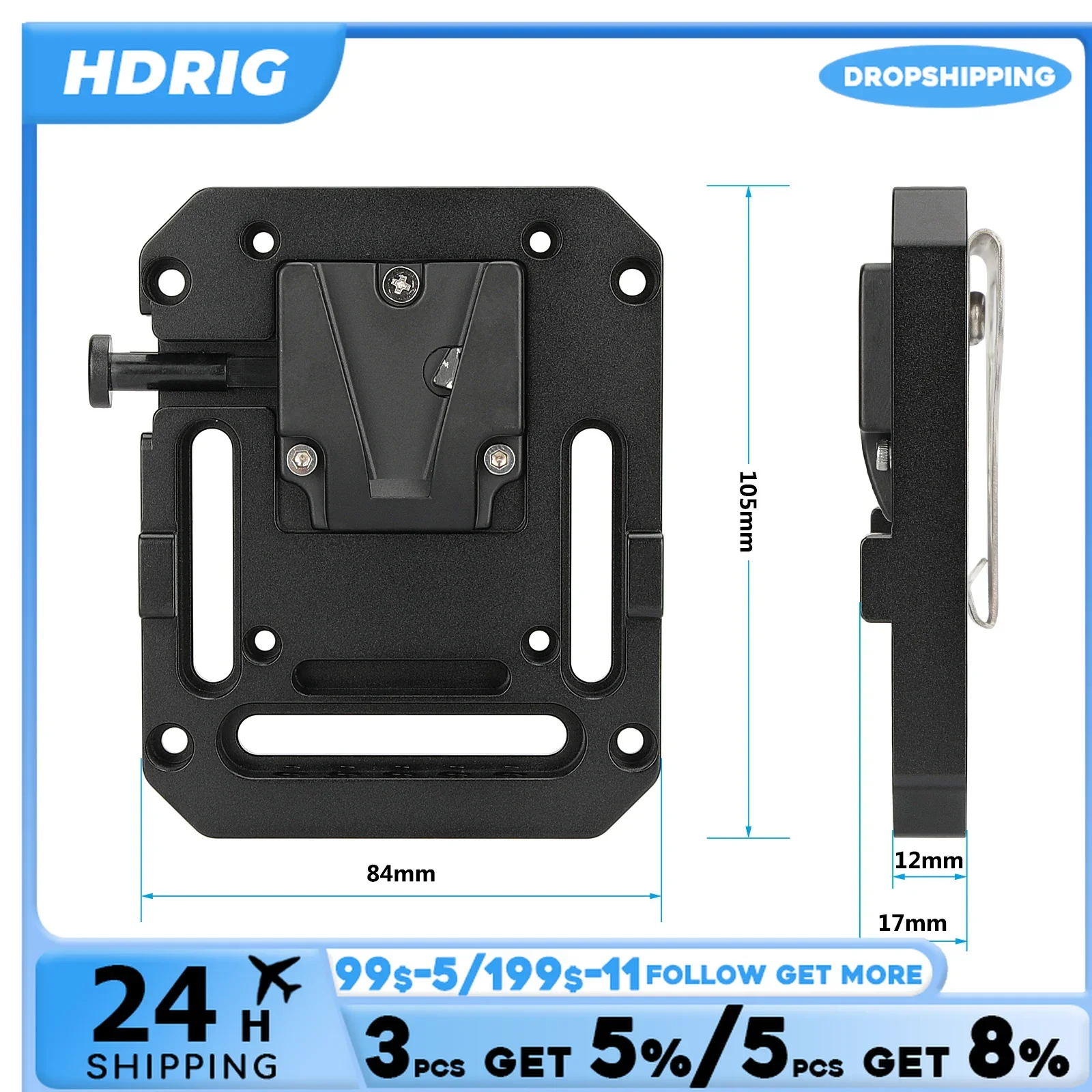 HDRIG plat baterai dudukan cepat lepas, plat baterai dengan klip sabuk & dudukan VESA 75 × 75mm untuk kamera DSLR