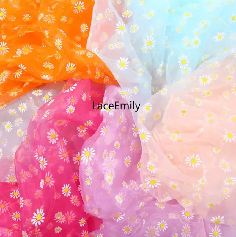 

9 Colors Daisy Flower Print Organza lace fabric tulle fabric for Bridal Dress Girl Dress, Party Dress, Baby Dress 59" width