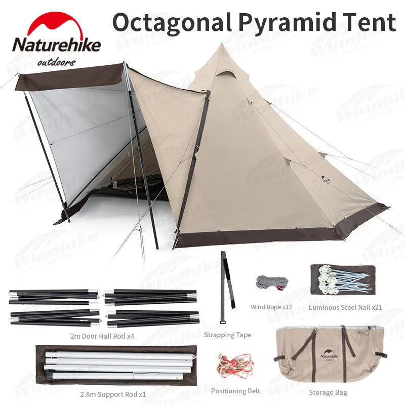 

Naturehike 150D Oxford Cloth Octagonal Pyramid Tent 5-8 Persons Windproof Sunscreen Tent 2m Height Extended Lobby Family Travel