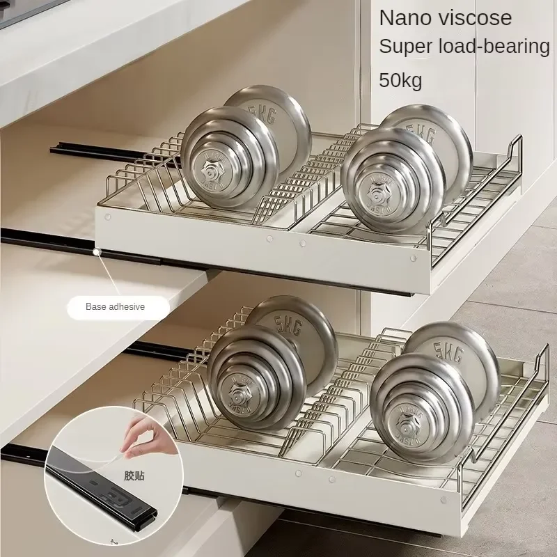 New Kitchen Storage Shelf with Slide Rails Pull-out Drawer Type Bowl Dish Organizer Shelf Spice Box Storage Rack Cabinets