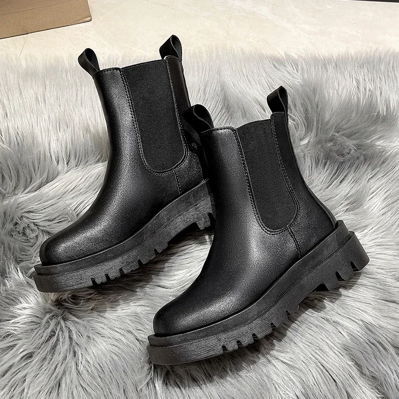 Chelsea Boots Chunky Boots Women Winter Shoes PU Leather Plush Ankle Boots Black Female Autumn Fashion Platform Booties