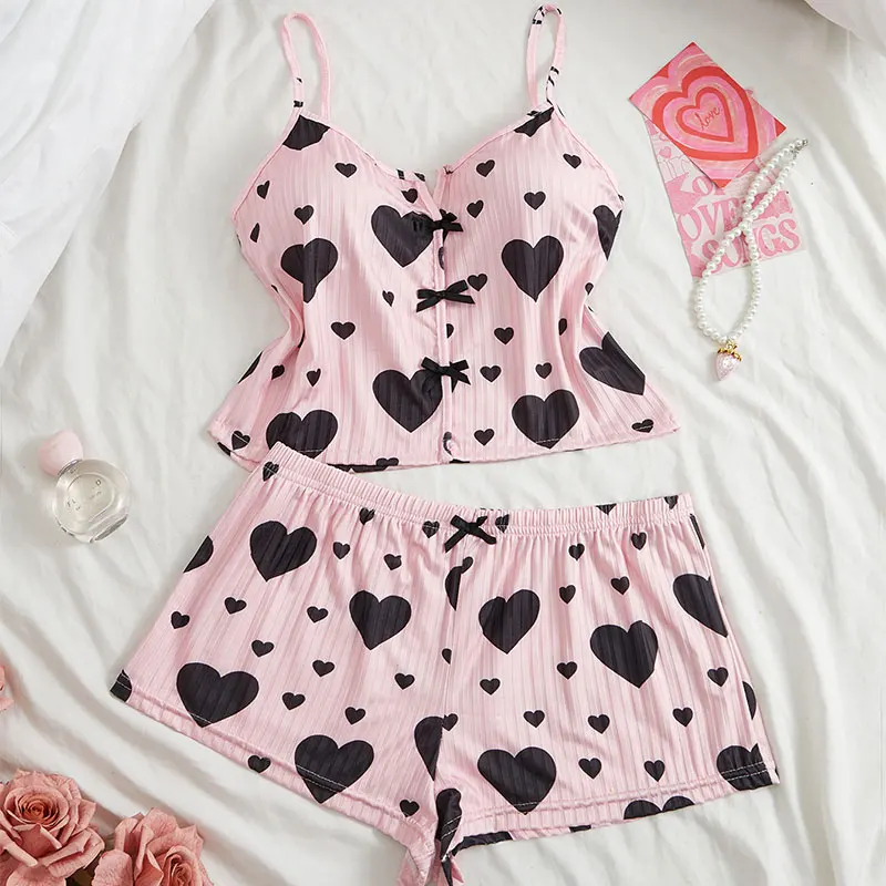 New Pink Strappy Pajama Set With Bow-Accented Heart-Print Tank Top And Shorts Summer Pajamas For Woman Homewear Sexy Casual Wear
