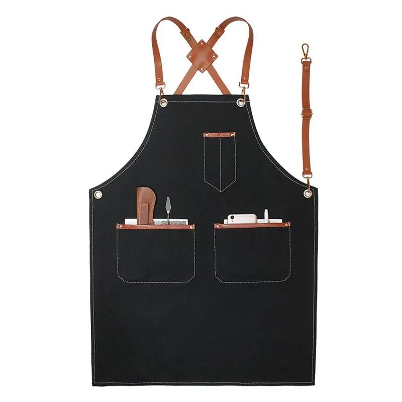 

Denim Apron Pockets, Leather Straps, Creative Decoration, Leather Straps, Work Clothes, Hairdresser, Thick Canvas Apron