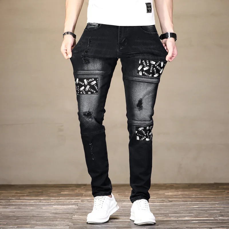 

2023 New Fashion Men's Slim Printed Patch Jeans High Quality Men Autumn Hole Gray Black Denim Trousers For Male Vaqueros Hombre