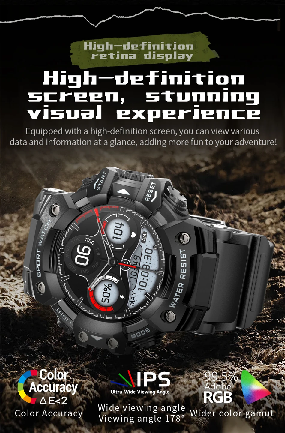 Neue Militär-Sport-Smartwatch für Herren, 100+ Sportarten, Outdoor-Fitness, Kompass, Herzfrequenz, BT-Anruf, wasserdichte Smartwatch für iOS und Android – Detail 3