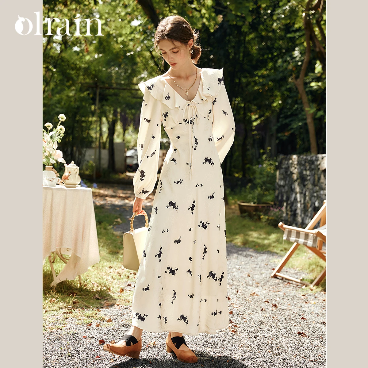 

OLrain Floral Print Dress for Women 2025 Autumn V-Neck Long Sleeve Ruffle Hem Slimming Fit Elegant Bohemian Dress O57QL96011