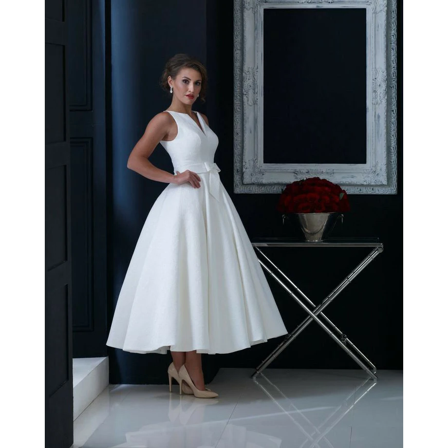 Vintage Trà Chiều Dài Cổ Chữ V Satin Váy Áo Có Túi Chữ A Màu Trắng Dây Kéo Lưng Cô Dâu Đồ Bầu Cho Nữ Ảnh Thật