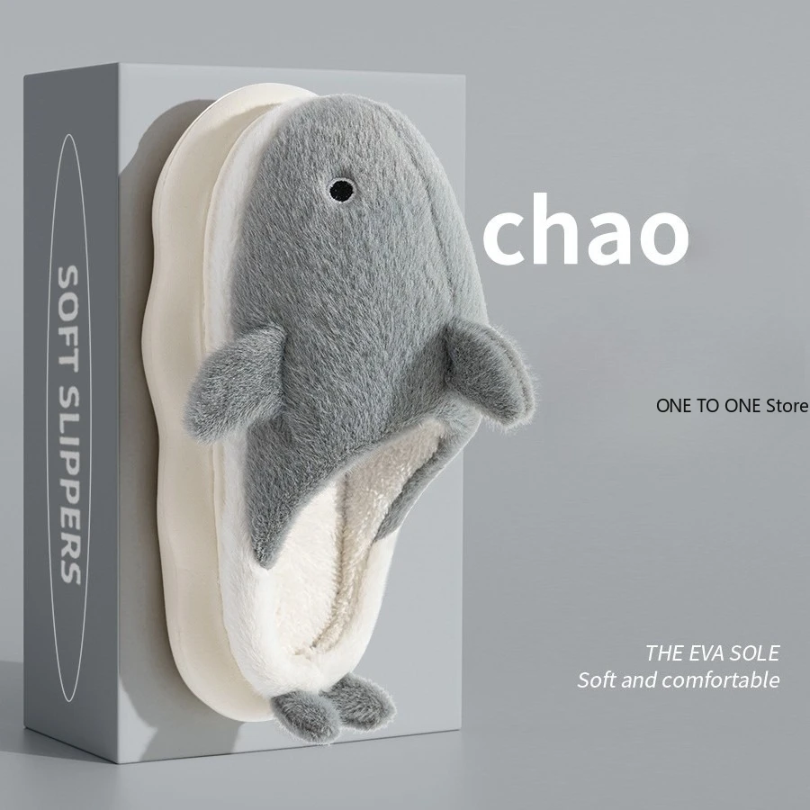 

Drop Shipping Cute Whales Winter New Women Slipper Soft Heel Platform Fur Warm Indoor Comfortable Home Fluffy Home Slippers